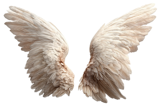 Feathered angel wings pair featuring clean edges, detailed plumage, and inward curve, isolated on transparent background.
