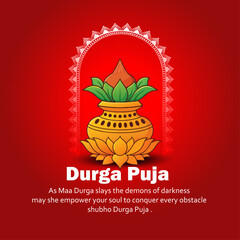 Happy Durga Puja Festival Greeting Card with Traditional Kalash and Red Background