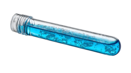 Vibrant blue liquid bubbles in a clear glass test tube for innovative science concepts and experiments isolated on white background
