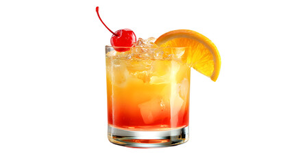 Refreshing tequila sunrise cocktail with cherry and orange slice for a vibrant summer drink ad isolated on white background