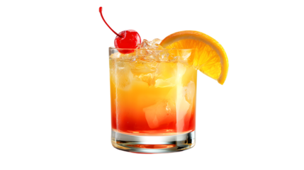 Refreshing tequila sunrise cocktail with cherry and orange slice for a vibrant summer drink ad isolated on white background