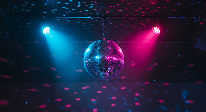nightclub, dance floor, shimmering reflections, vibrant, blue lighting, party lights, disco ball, colors, purple andmirror ball
