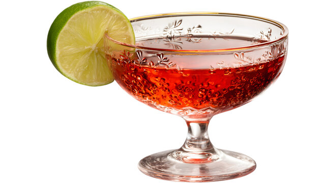 Elegant cocktail in vintage glass with lime garnish perfect for celebrations or upscale bar menus isolated on white background