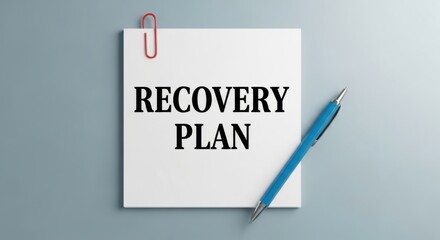 A recovery plan note clipped to a gray background with a blue pen resting nearby