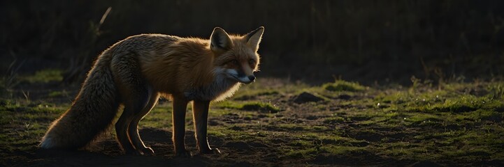 Fototapeta premium Fox Standing in Dim Forest Scene with Soft Natural Lighting and Mysterious Atmosphere