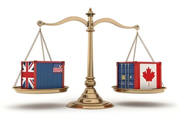 A golden balance scale weighing two shipping containers with national flags representing trade balance
