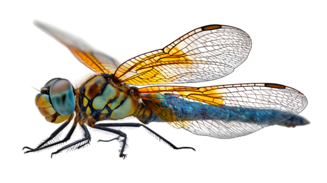 Dramatic close-up of stunning dragonfly with iridescent wings and detailed exoskeleton texture, macro wildlife isolated on white background
