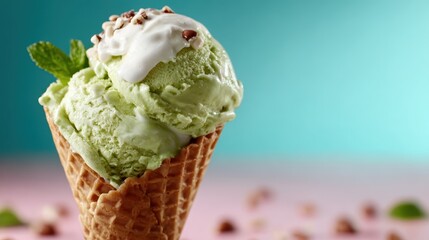 A tempting ice cream cone topped with mint ice cream and chocolate chips serves as a delightful treat, perfect for refreshing moments during any season.