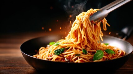 A tantalizing image of hot, steaming spaghetti twirling upwards from a black pan, garnished with fresh basil, capturing the essence of Italian cuisine and comfort food.