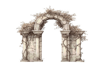 A stone garden arch sketch with chalky texture, vine-wrapped columns, and keystone detail, isolated on transparent background.
