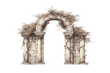A stone garden arch sketch with chalky texture, vine-wrapped columns, and keystone detail, isolated on transparent background.
