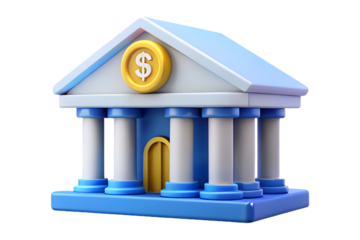 Stylized 3d bank building with columns and gold emblem symbolizing finance