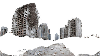 Devastated buildings stand as a stark reminder of war's destruction and urban decay aftermath landscape isolated on white background