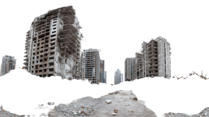 Devastated buildings stand as a stark reminder of war's destruction and urban decay aftermath landscape isolated on white background