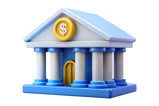 Stylized 3d bank building with columns and gold emblem symbolizing finance - Powered by Adobe