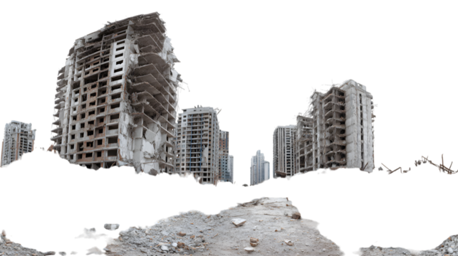 Devastated buildings stand as a stark reminder of war's destruction and urban decay aftermath landscape isolated on white background