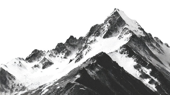 Stippled monochrome drawing of a mountain ridge with rugged slopes and sharp outline, isolated on transparent background.
