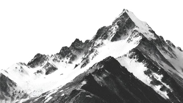 Stippled monochrome drawing of a mountain ridge with rugged slopes and sharp outline, isolated on transparent background.
