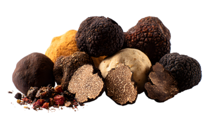 Gourmet black truffles and seasonings, ready for a chef's exquisite culinary creations today isolated on white background