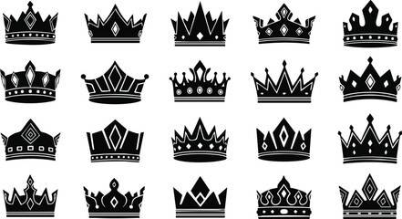 Elegant collection of diverse black crown icons symbolizing power, royalty, and achievement © Ahmad