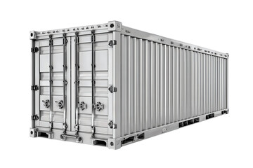 A standard ISO shipping container with corrugated walls, crisp corner castings, and detailed door gear, isolated on transparent background.

