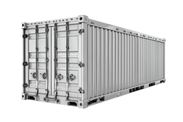 A standard ISO shipping container with corrugated walls, crisp corner castings, and detailed door gear, isolated on transparent background.
