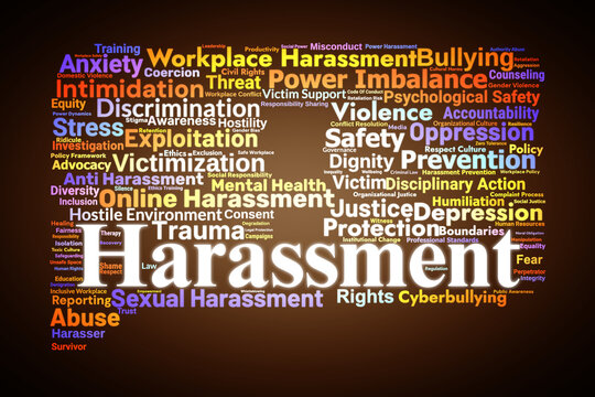 Harassment Word Cloud. Key Concepts On Abuse, Discrimination, Power Imbalances, Rights, Safety, And Prevention In Social, Workplace, And Legal Contexts.