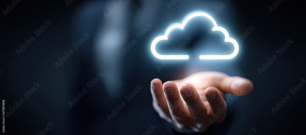 Poster hand holding a glowing cloud, representing cloud computing and data storage.