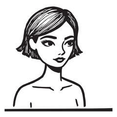 Beautiful Woman Doodle Black and White Illustration Fashion Girl Portrait Line Art Sketch Vector