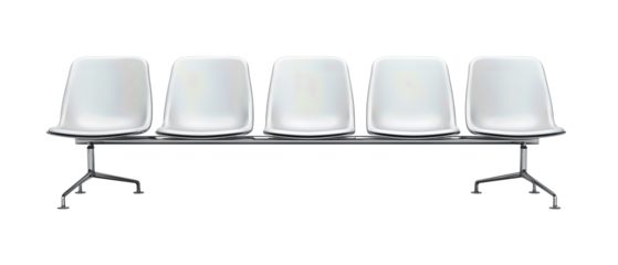 A minimalist row of waiting chairs mounted on a shared base, balanced proportions and neat layout, isolated on transparent background.
