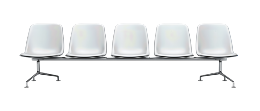 A minimalist row of waiting chairs mounted on a shared base, balanced proportions and neat layout, isolated on transparent background.
