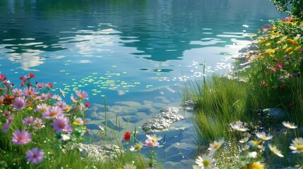 A serene lakeside scene with wildflowers blooming along the shore, reflected in the calm, crystal-clear water.