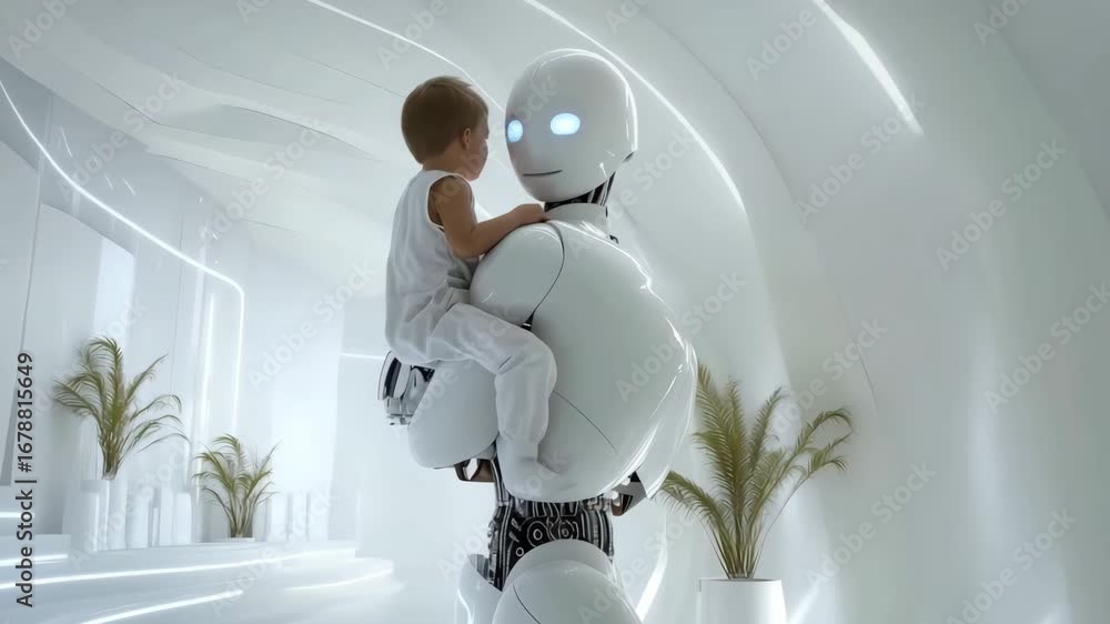 Poster a humanoid robot carries a child in a minimalist, futuristic setting, showcasing a unique interactio