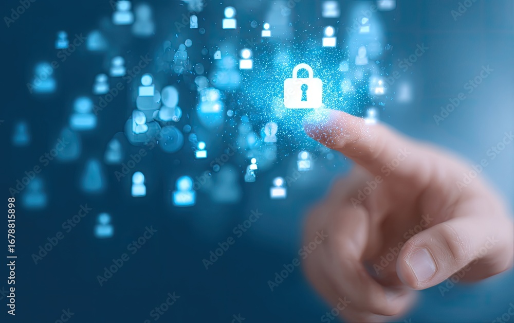 Poster cybersecurity concept with a finger touching a glowing padlock icon protecting user data in a digita