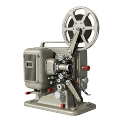 Vintage film projector with metal reels and knobs on transparent background