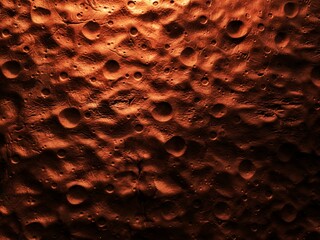 Cratered plain of the desert red planet. Rocky surface of Mars. Alien landscape, view from orbit.