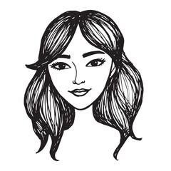 Beautiful Woman Doodle Black and White Illustration Fashion Girl Portrait Line Art Sketch Vector
