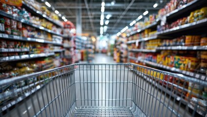 Grocery store aisle, shopping cart in focus