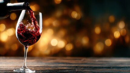 This captivating image depicts red wine being poured into a glass, highlighting the dynamic movement and rich colors, evoking a sense of luxury, celebration, and indulgence.