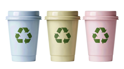Three takeaway coffee cups featuring recycling icons and soft pastel colors, arranged evenly, isolated on transparent background.
