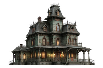 A haunted Victorian mansion with crooked rooflines, glowing windows, and rickety porch, isolated on transparent background.
