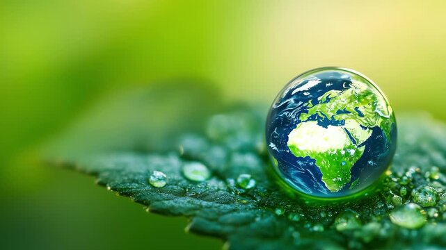 A glass globe reflecting Earths continents rests on a green leaf surrounded by droplets, showcasing the beauty of nature and ecology