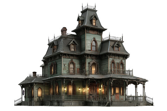 A haunted Victorian mansion with crooked rooflines, glowing windows, and rickety porch, isolated on transparent background.
