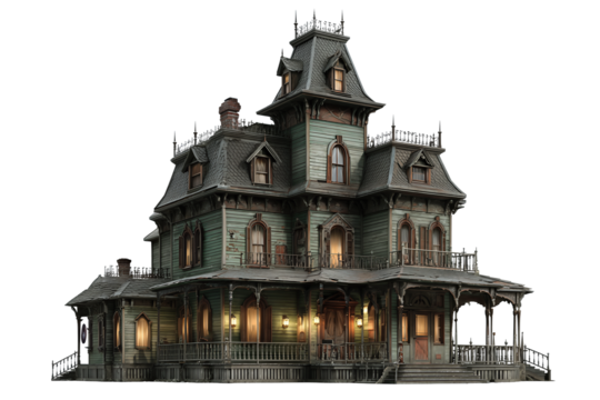 A haunted Victorian mansion with crooked rooflines, glowing windows, and rickety porch, isolated on transparent background.