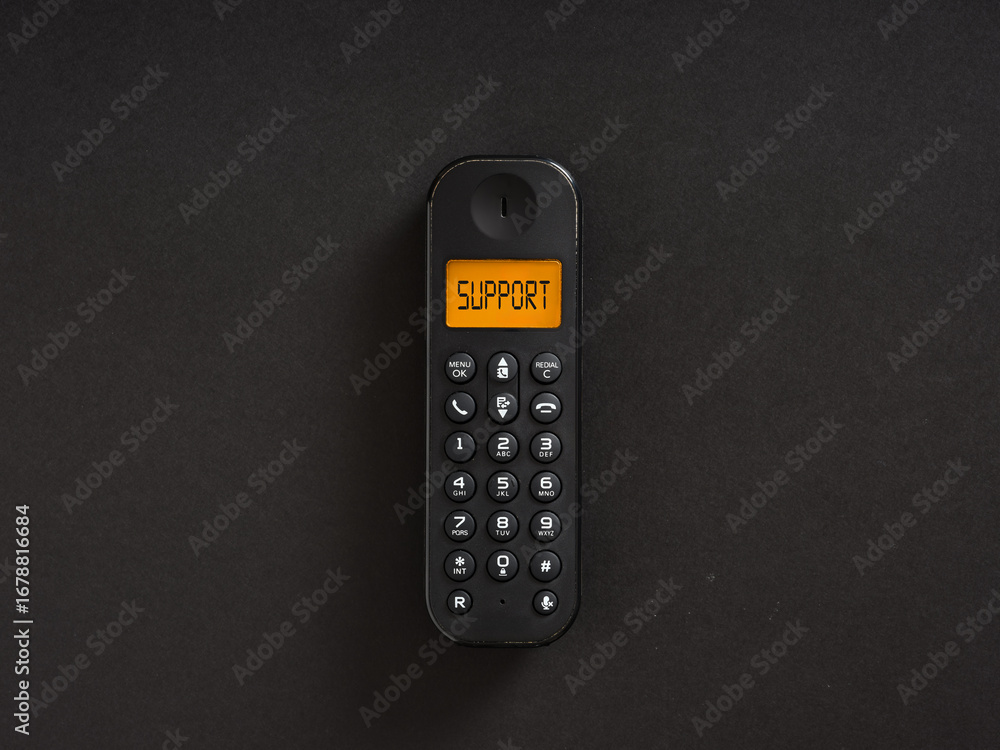 Poster wireless phone showing support on display on black background
