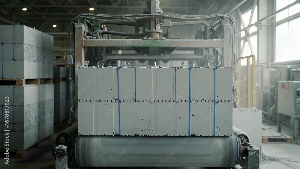 Poster inside recycled concrete block factory showing automated conveyor belt and stacking process with blo