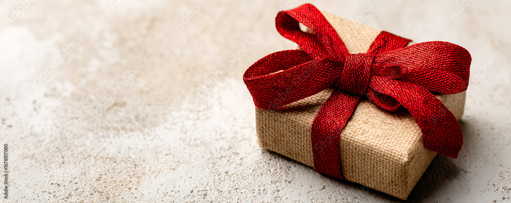 Poster close-up of a burlap gift box tied with a red ribbon and bow on a textured gray surface.