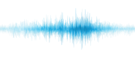 A horizontal audio spectrum ribbon in blue with varying amplitudes, subtle glow falloff, and clean edges, isolated on transparent background.
