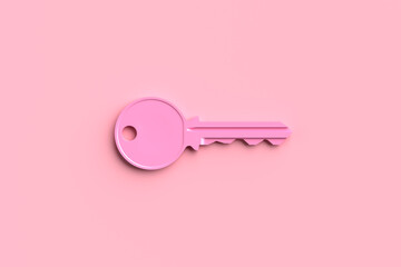 Pink Key Lying on Pink Background Representing Security and Access