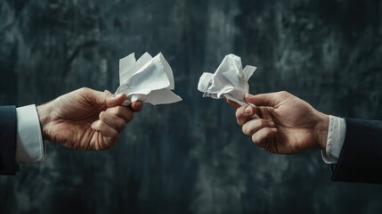 Two hands, both wearing dark suits, are pulling apart a crumpled piece of white paper. The paper is torn into several small fragments.